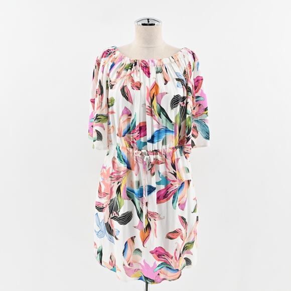 LA BLANCA Dress Size L Paradise Floral ALine Mini White Multi Off Shoulder - Picture 1 of 13